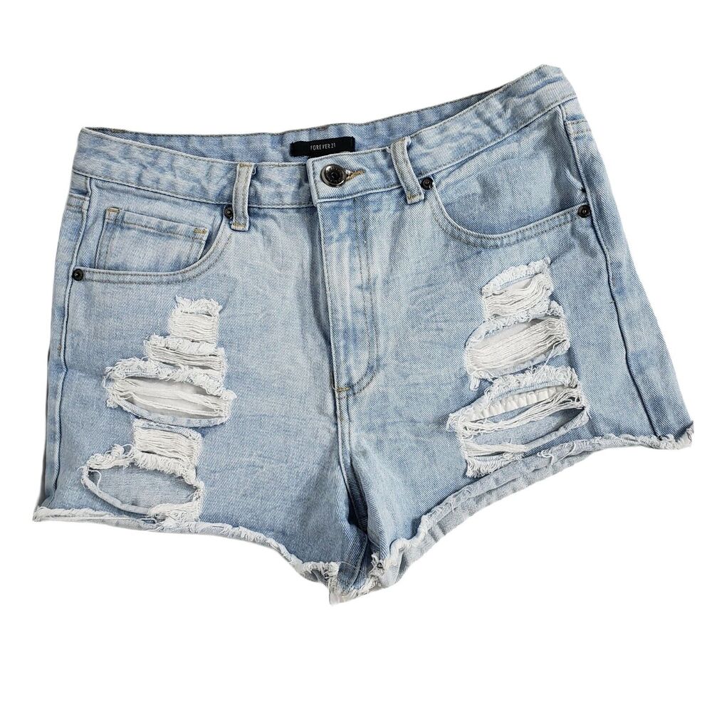 FOREVER 21 Womens Shorts Size 29 Blue Denim High Rise Distressed Cut Off Raw Hem